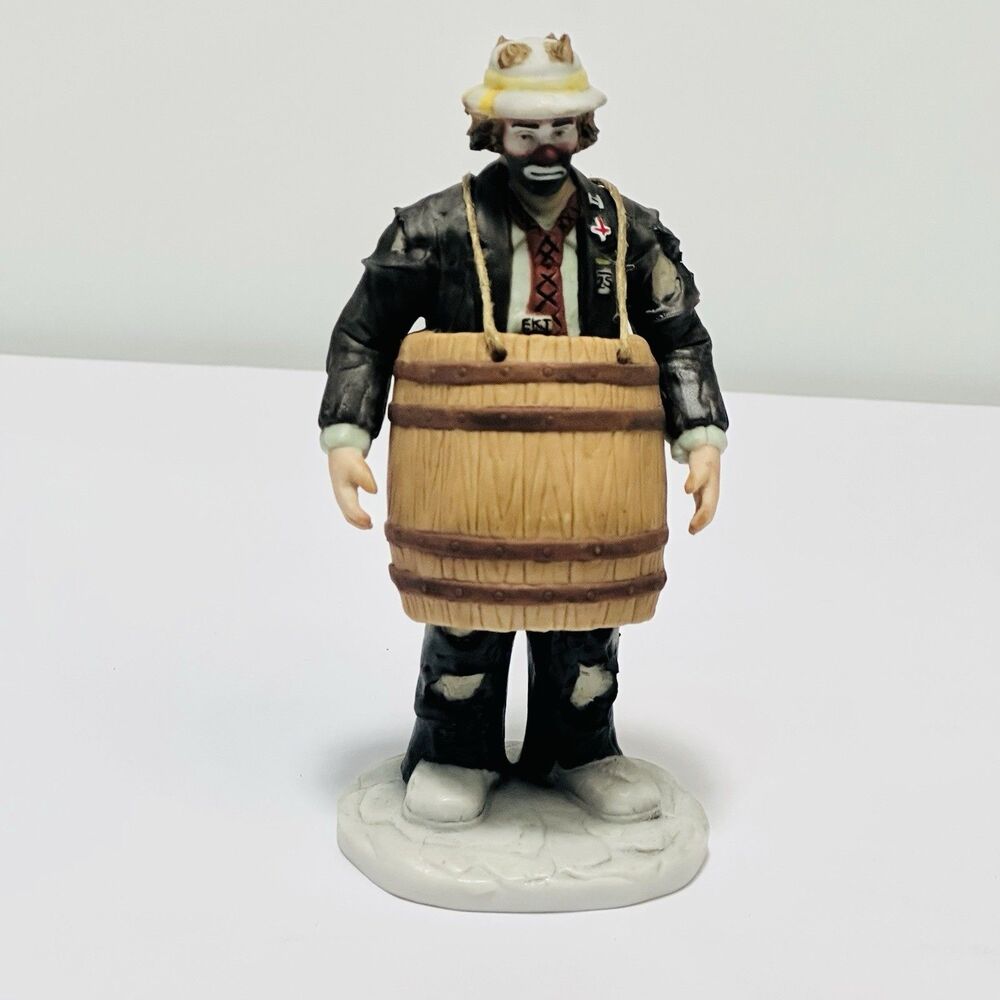 Flambro Vintage Emmett Kelly Jr Porcelain Figurine “Over A Barrel" 6oz 5" tall